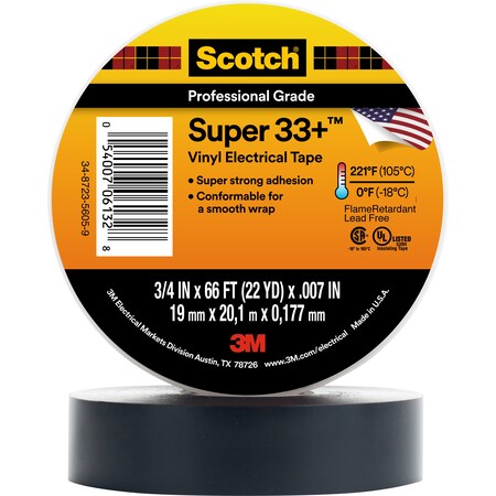 3M 3M 7100002398 Super33+ Vinyl Electrical Tape - 3/4" x 66', Black 7010349613